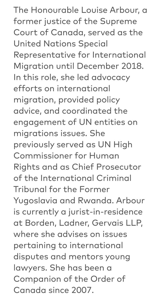 14) Louise Arbour is, among other things, a former Canadian law professor and UN High Commissioner for Human Rights. António Guterres appointed her to be the Special Representative for International Migration.