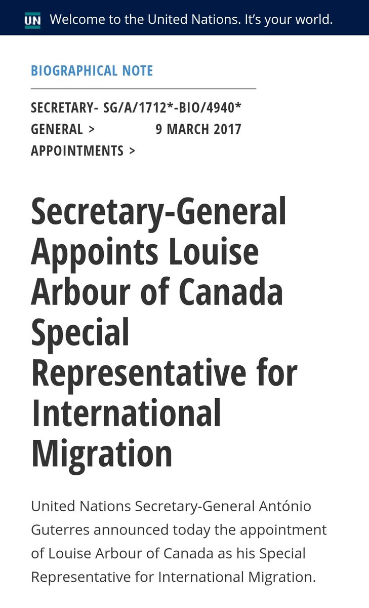 14) Louise Arbour is, among other things, a former Canadian law professor and UN High Commissioner for Human Rights. António Guterres appointed her to be the Special Representative for International Migration.