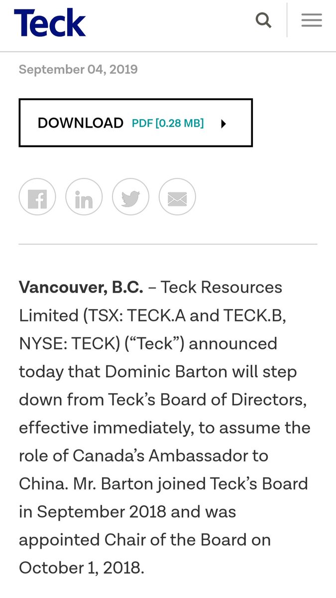 15) Dominic Barton stepped down from the Board of Directors for Teck Resources on September 4th, 2019, the same day Justin Trudeau appointed him to be Canada's ambassador to China.
