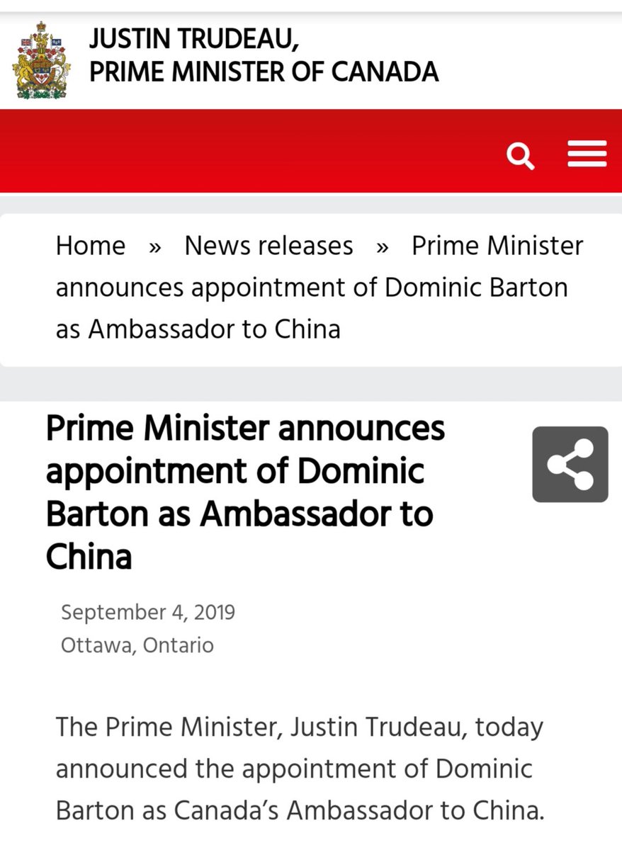 15) Dominic Barton stepped down from the Board of Directors for Teck Resources on September 4th, 2019, the same day Justin Trudeau appointed him to be Canada's ambassador to China.