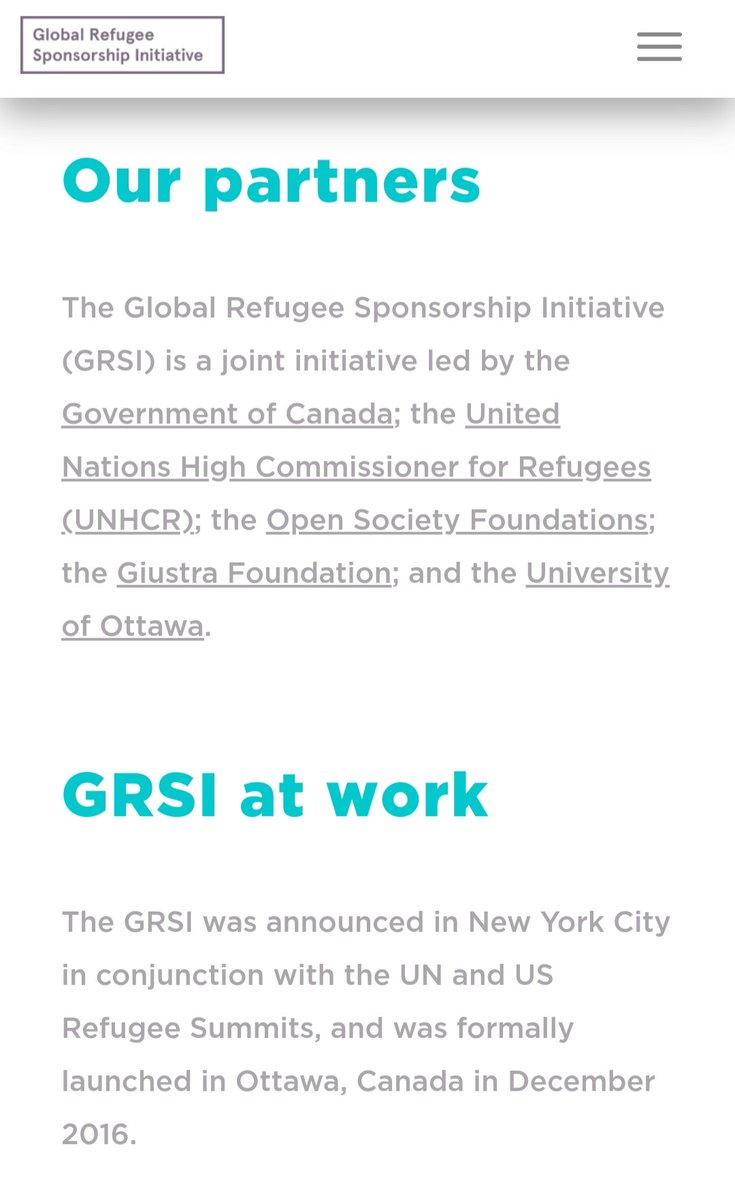 19) The Global Refugee Sponsorship Initiative is a partnership between the Canadian government, the UN High Commissioner for Refugees, Soros' Open Society Foundation, Frank Giustra's Radcliffe Foundation, and the University of Ottawa.