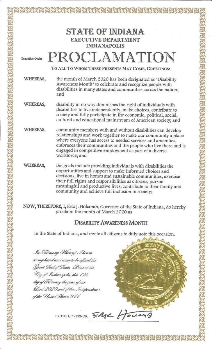 Jessica65022413's tweet photo. The Indiana Governor has proclaimed March Disability Awareness Month. #DisabilityAwarenessMonth #Inclusion #AmazingPeople #swrk359 https://t.co/MMyJPQ0qkD