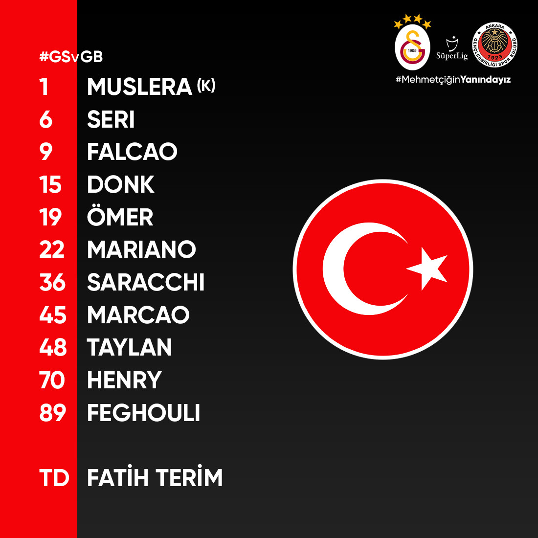 GalatasaraySK's tweet photo. Gençlerbirliği karşısında ilk 11'imiz. #GSvGB https://t.co/8fDqwPRZQq