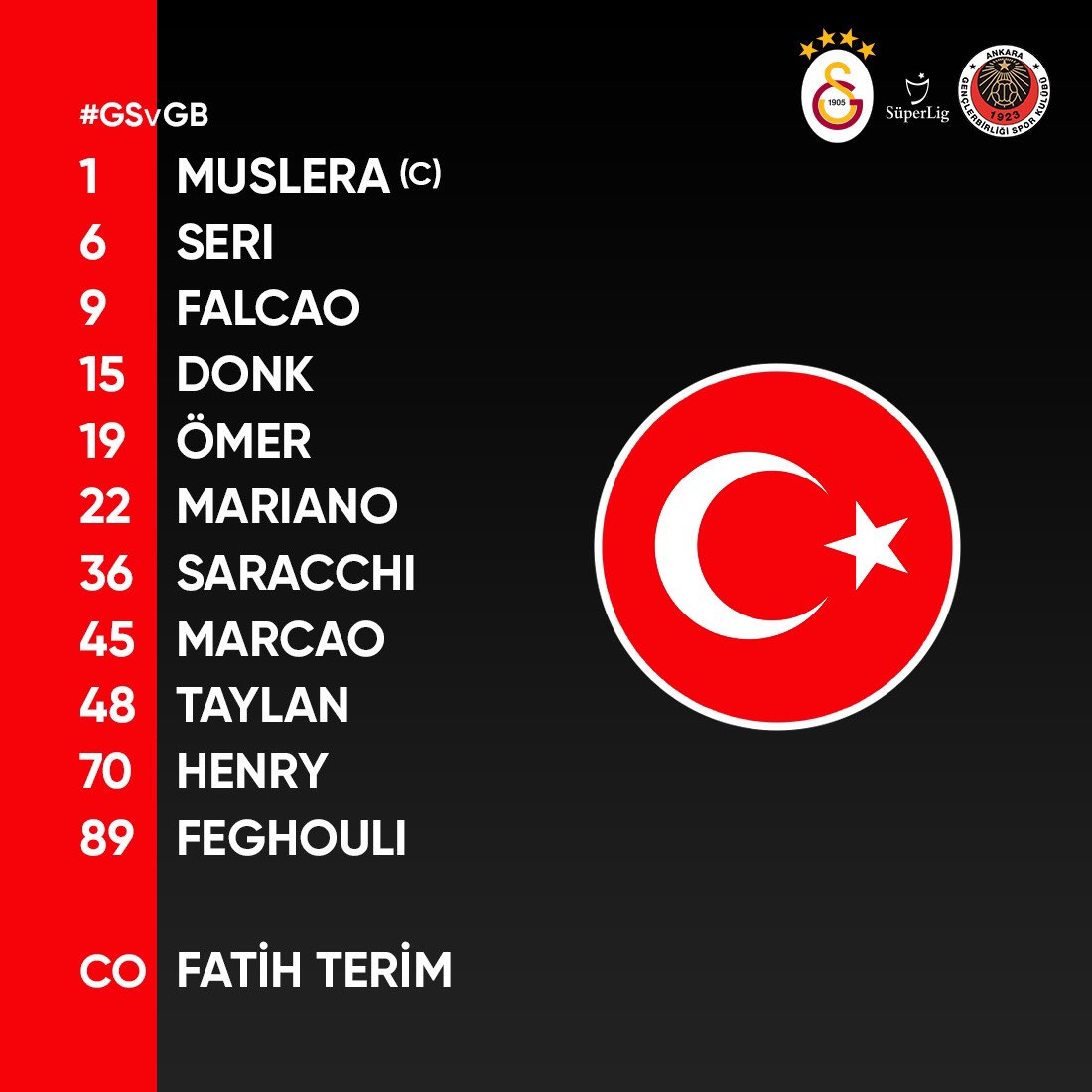 Galatasaray's tweet photo. Our starting 11 for #GSvGB clash. https://t.co/0aqb1box5K