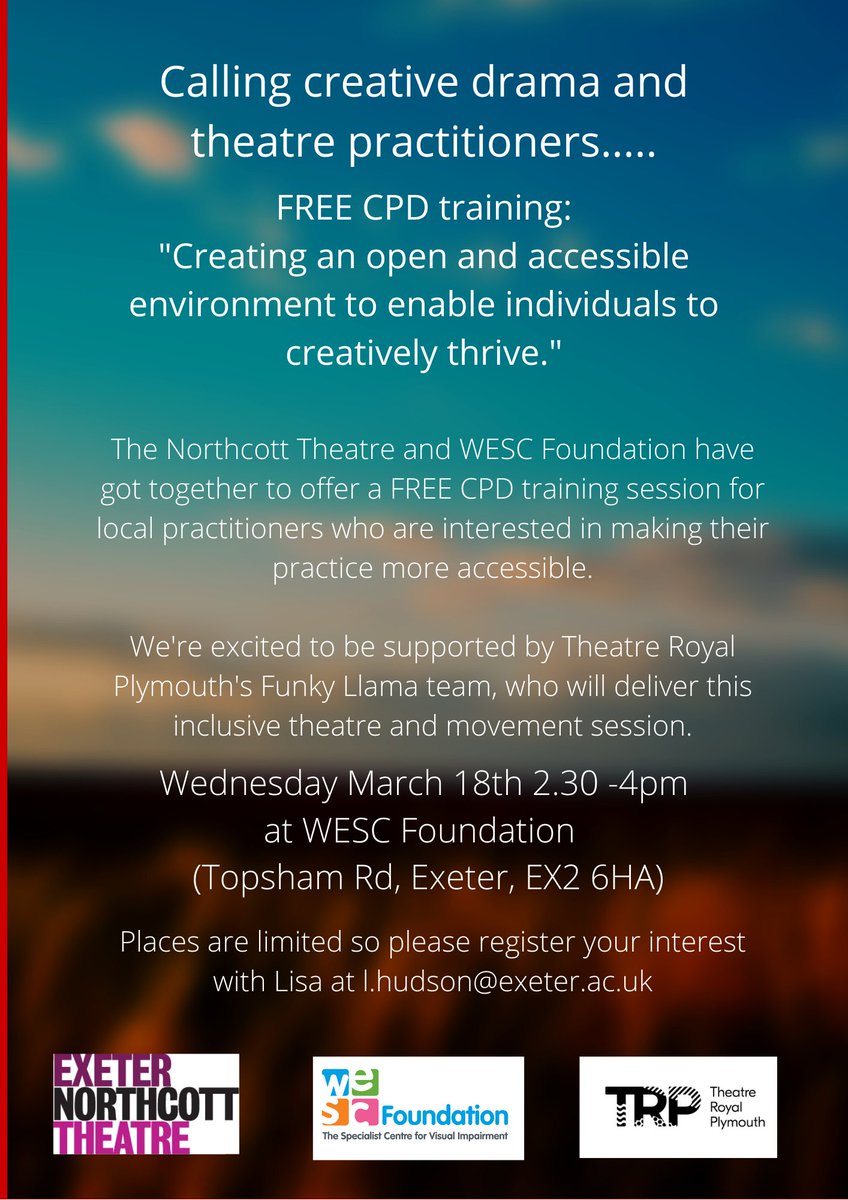 ExeterNorthcott's tweet image. We're delighted to be offering some FREE training to local professionals who are want to make their practice more accessible (with the help of @TRPlymouth). For more information or to register your interest, contact our Creative Learning Manager, Lisa on l.hudson@exeter.ac.uk