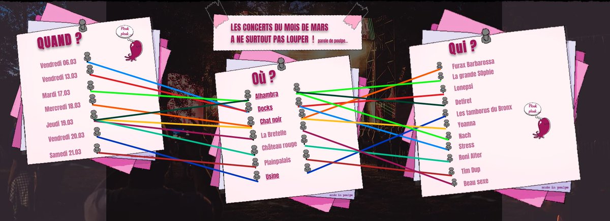 LSetlist's tweet photo. 🐙🐙🐙
Les concerts du mois de mars à ne surtout pas louper, parole de poulpe ! 🐙🐙🐙
#concerts #lonepsi #stress #festivalvoixdefetes #yoanna #alhambra #docks #usine #chateaurouge #timdup #furaxbarbarossa #lagrandesophie #nach #lestamboursdubronx #lasetlist #lesonestbon https://t.co/6J7P9ZJJgd