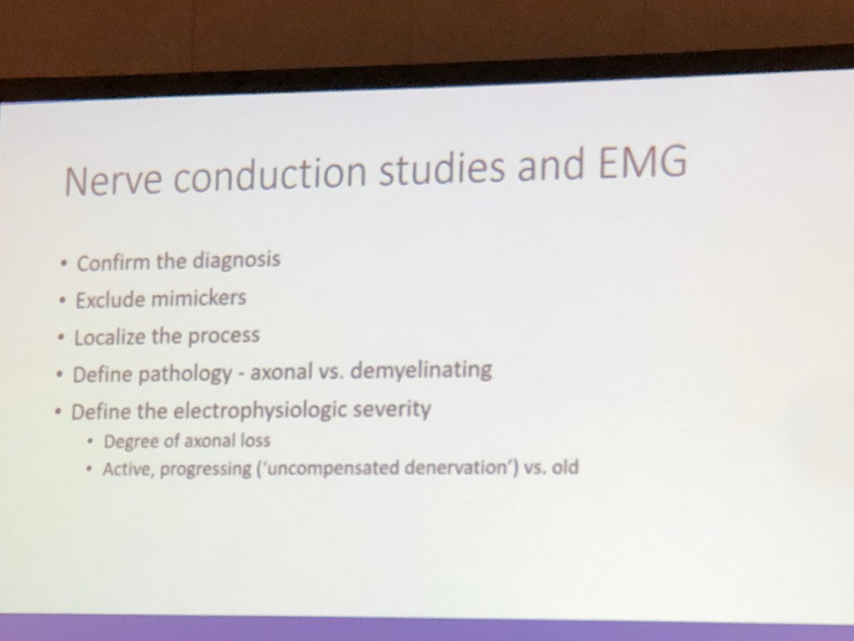 SMoeschlerMD's tweet photo. EMG is useful to: 
✔️confirm diagnosis
✔️exclude mimickers 
✔️localize process
✔️define pathology
Limitation: only looks at large fiber process &amp; up to 3 weeks for wallerian degeneration 
Also: 💡dynamic processes may have a normal EMG.
Excellent pearls Dr. Watson! #AAPM2020 https://t.co/fpNhA2rgfV