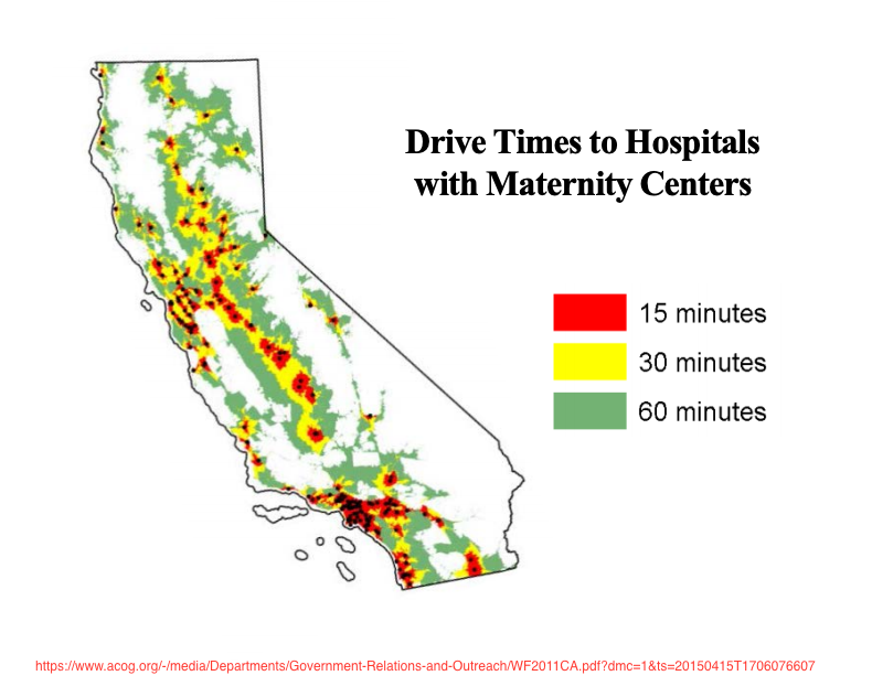 9 California counties do not have an OB/GYN?  Many women drive long distances to access a care provider for maternity or women's health services.  
Do you drive more than 60 min to access your care provider? 
#FreeTheMidwives #CNMA #SB1237 #CAleg  <a href="/ACNMMidwives/">American College of Nurse-Midwives</a>