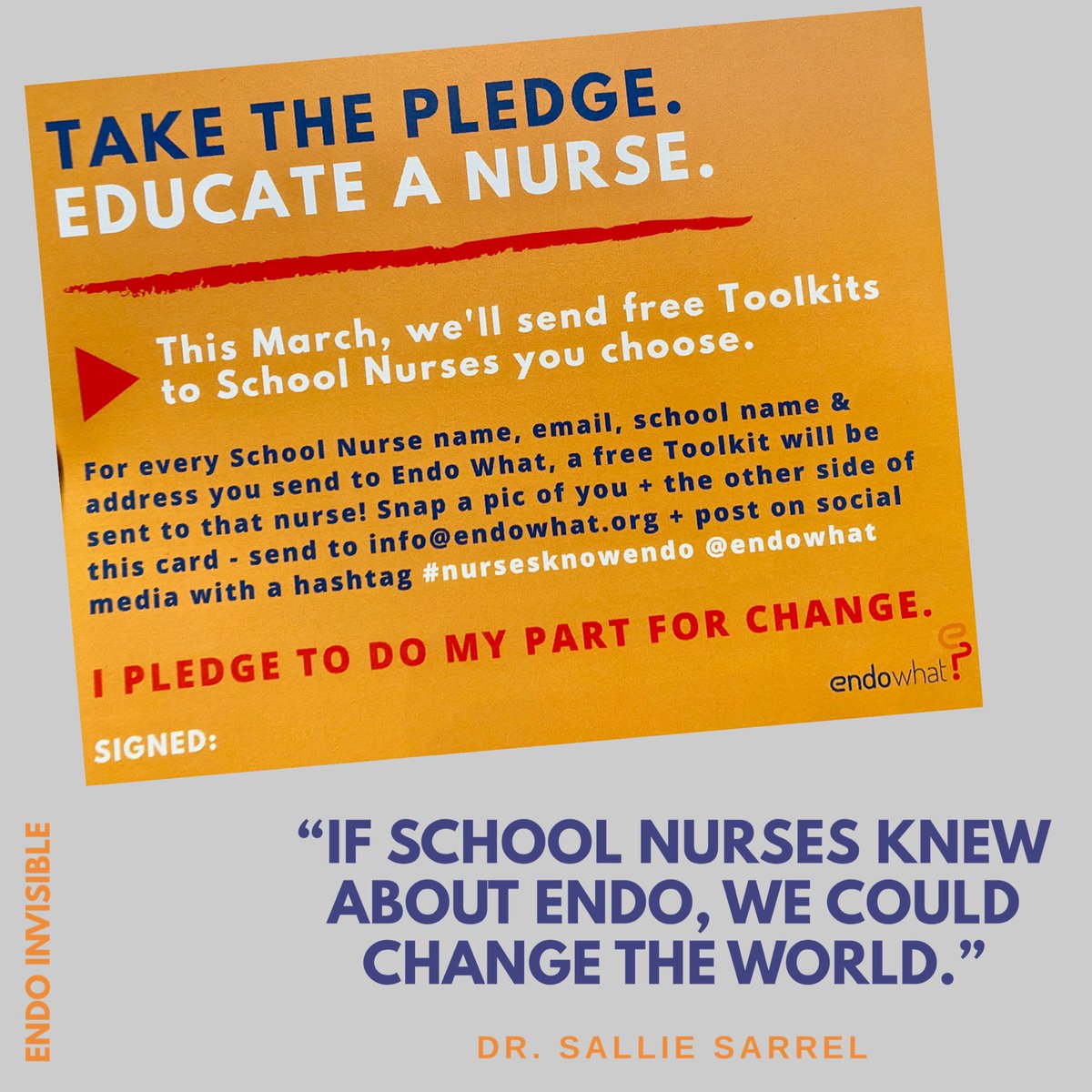 EndoMarchDallas's tweet photo. Hey doctors, nurses, patients, EVERYONE. Take the pledge, y’all. Help change the world. #nursesknowendo @EndoWhat @drsalliept #endometriosis #medtwitter #endosummit2020 https://t.co/hr0YN62nD6