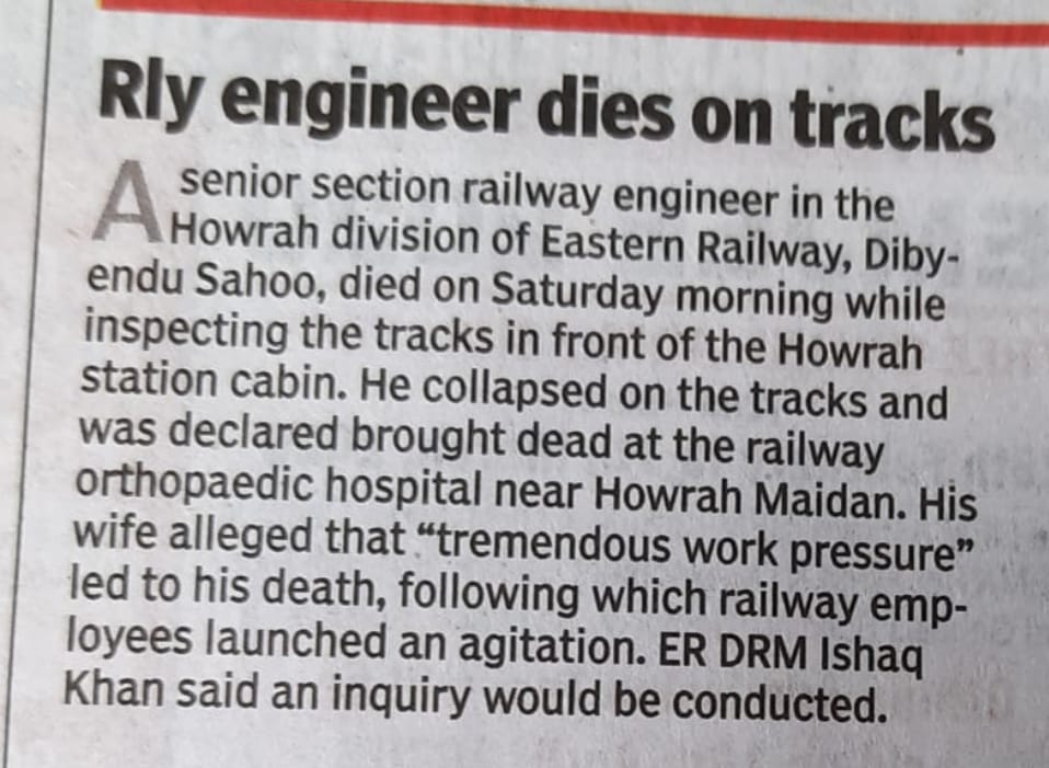 <a href="/PMOIndia/">PMO India</a> <a href="/PiyushGoyal/">Piyush Goyal</a> <a href="/RailMinIndia/">Ministry of Railways</a> how rly engineer works under pressure  ! When a deceased spouse speaks, it can't be neglected. It's 100% true. This has been demanded by AIREF to reduce the unnecessary pressure on engineers. It may kindly be taken seriously.