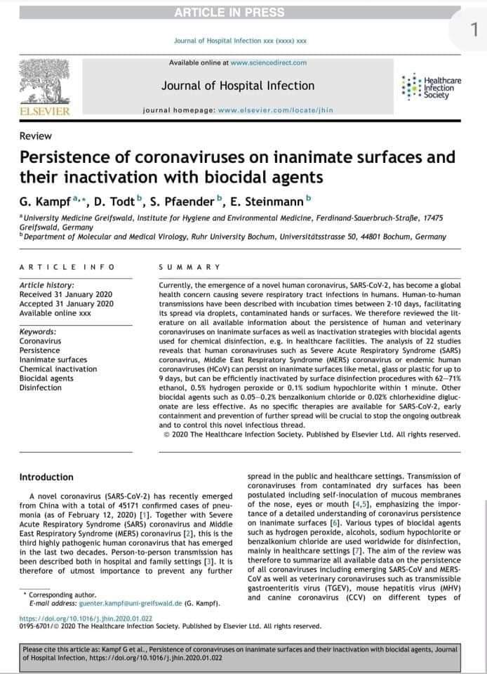 DamarisIntriago's tweet photo. #COVID19 #coronavirusecuador:
Prevenga contagios con aseo e infórmese con evidencia científica.

1) El virus persiste en superficies como metal, plástico, vidrio hasta por 9 días.
2) Se inactiva en 1 minuto con: Alcohol al 70%, Agua Oxigenada al 0,5%, Cloro al 0,1%.

Fuente: 👇 https://t.co/mGN7WBqMpS