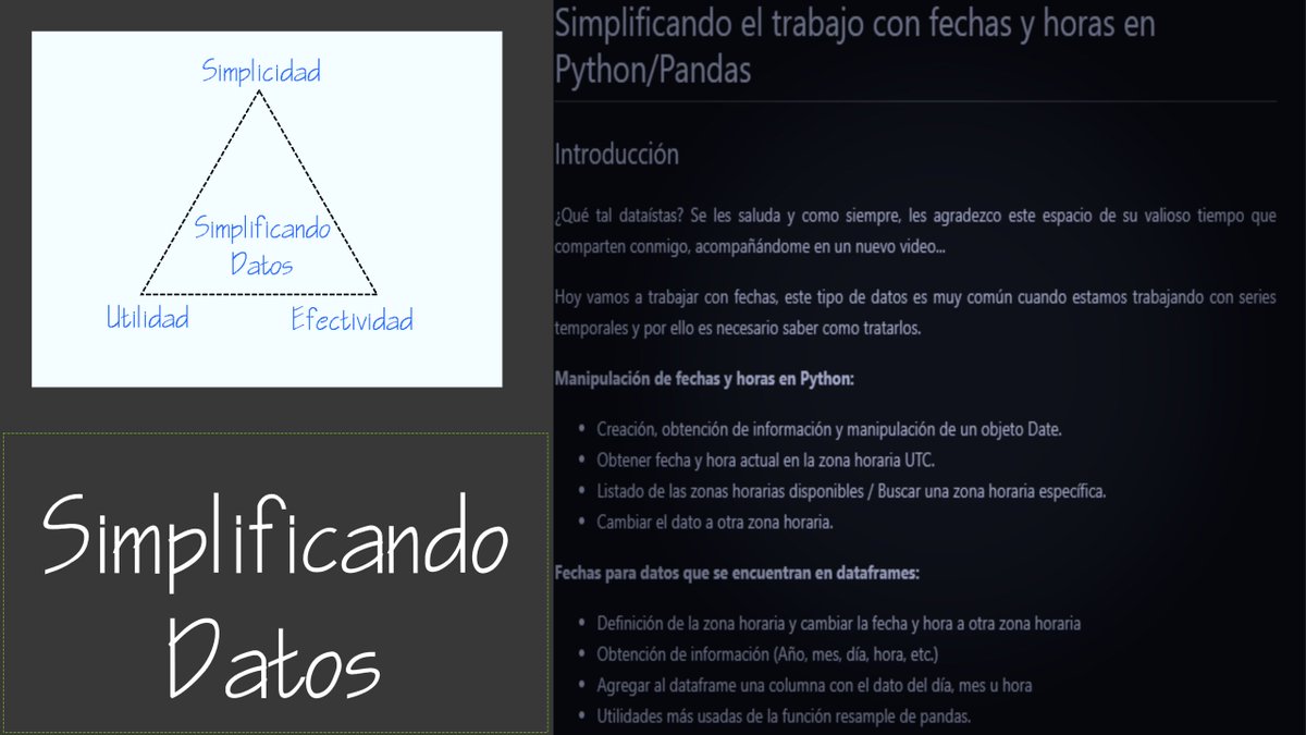 simples_datos's tweet photo. Si quiere librarse de dolores de cabeza al trabajar con fechas en python o en dataframes, aquí le tengo el remedio😉😉😉
Pasé adelante y pregunte sin compromiso
📯📯👇🏾👇🏾
 Simplificando el trabajo con fechas y horas en #Python/#Pandas https://t.co/cVNKEG91IC
#SimplificandoDatos https://t.co/wWCMDSCrKA