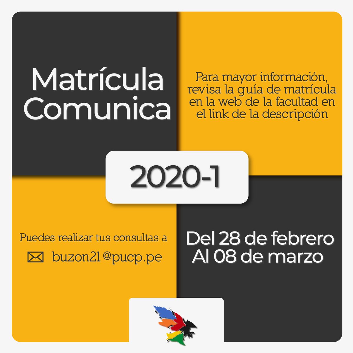 cfcomunicapucp's tweet photo. [MATRICULA]

¡Comunica!

Para más detalles, pueden revisar la guía de matrícula de la Facultad en el siguiente link o escribir a buzon21@pucp.pe

https://t.co/nhyfwvBE8M https://t.co/laCeGRYs2u