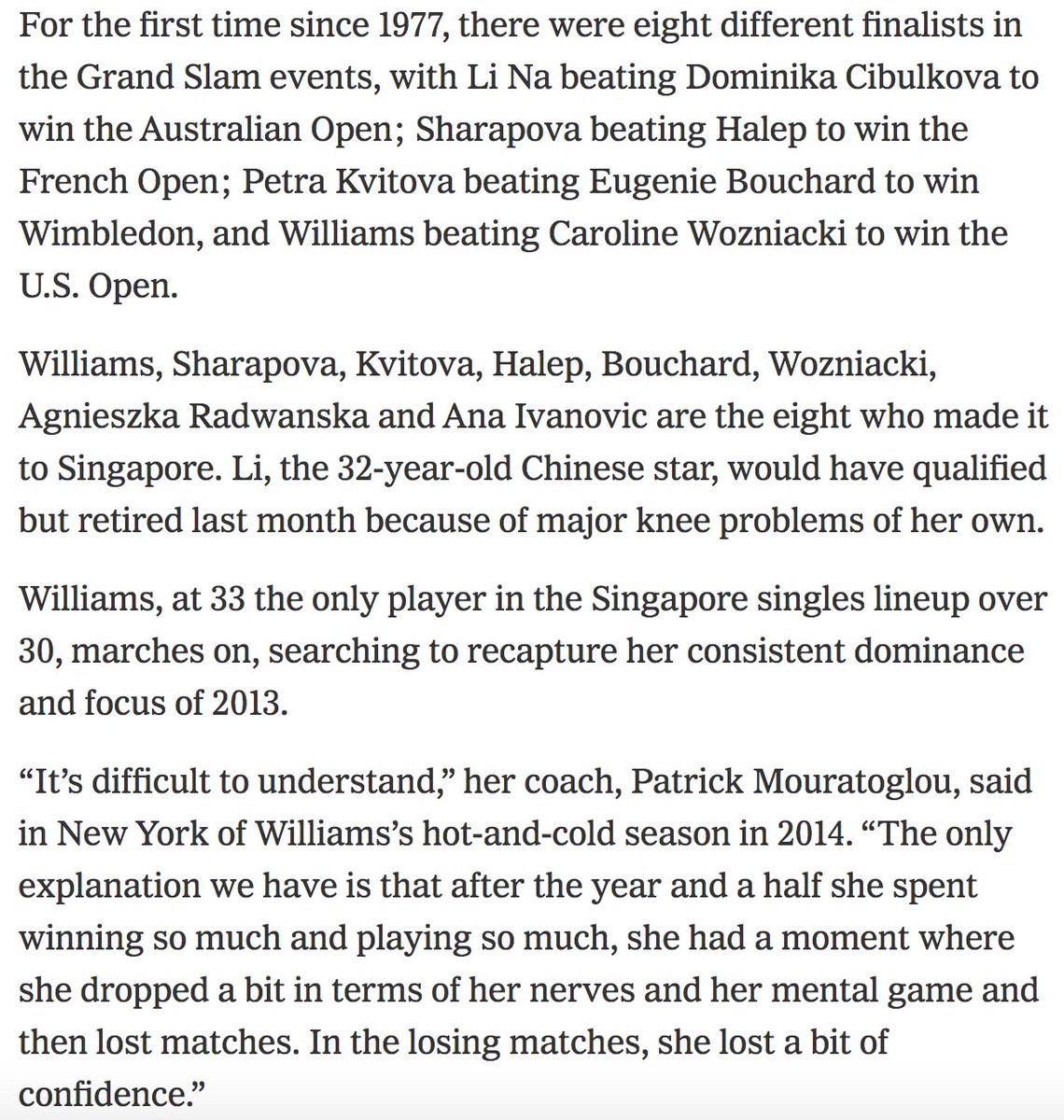 Sharapova was looking forward to the chance of playing Williams at the 2014 WTA Championships and taking the #1 ranking. Williams was not in top form, struggling with a knee injury that caused her to pull out of two tournaments in the Asian swing.