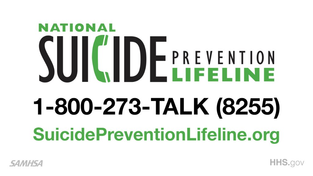 You are not alone. Help is available. If you or someone you know is struggling with thoughts of #suicide, reach out to the National Suicide Prevention Lifeline at 1-800-273-TALK or bit.ly/382NGWM.