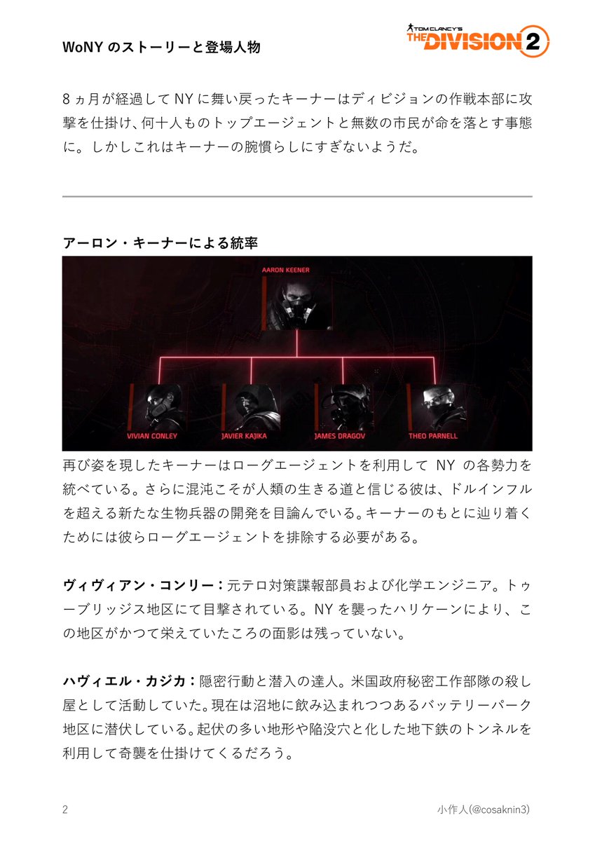 小作人 助けを待つ百姓 On Twitter ディビジョン2 拡張コンテンツ ウォーロード オブ ニューヨークのストーリーおよび登場人物をまとめてみました ワールドプレミアおよびsotgにて紹介された内容を和訳したものです 特に前作未プレイの方はぜひご覧ください