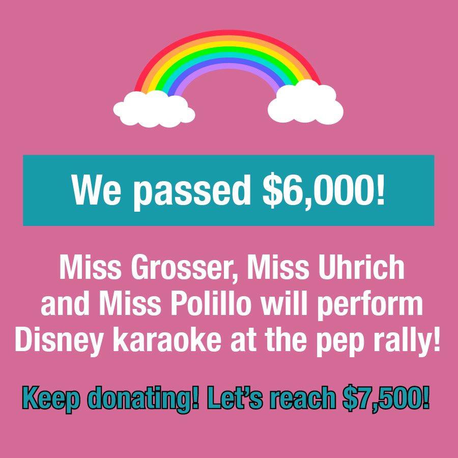 CVminiTHON's tweet photo. Look forward to some Disney karaoke at the pep rally now that we’ve hit $6,000 !!! Keep pushing everyone, a little more than 24 hours left in #pushweekend 💛💙 #ftk https://t.co/91ANOEPpMd