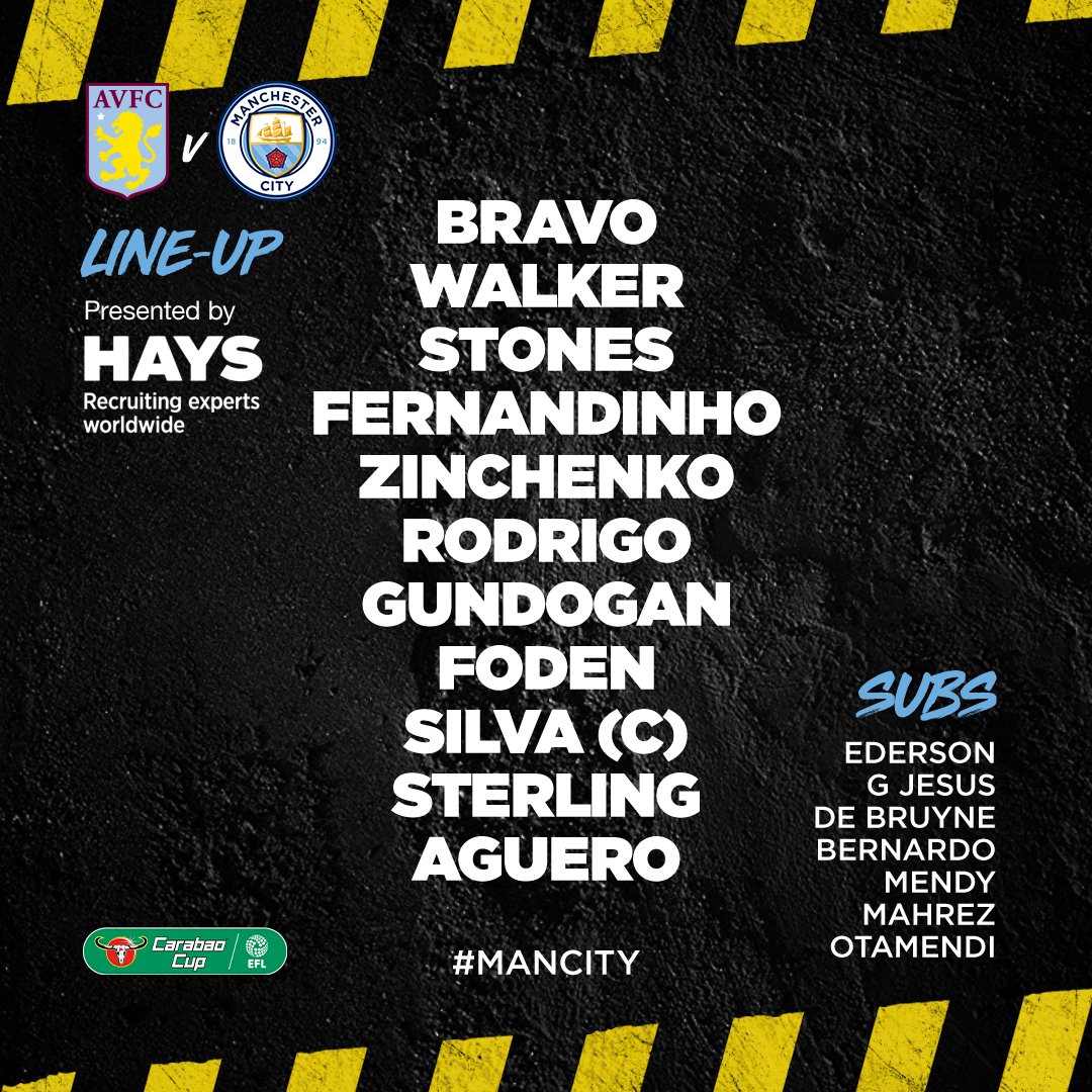ManCity's tweet photo. 🚨 TEAM NEWS IS IN! 🚨

XI | Bravo, Walker, Stones, Fernandinho, Zinchenko, Rodrigo, Gundogan, Foden, D Silva (C), Sterling, Aguero. 

SUBS | Ederson, G Jesus, De Bruyne, Bernardo, Mendy, Mahrez, Otamendi. 

📋 @HaysWorldwide
🔵 #ManCity #CarabaoCup https://t.co/kH4Crx2TC9