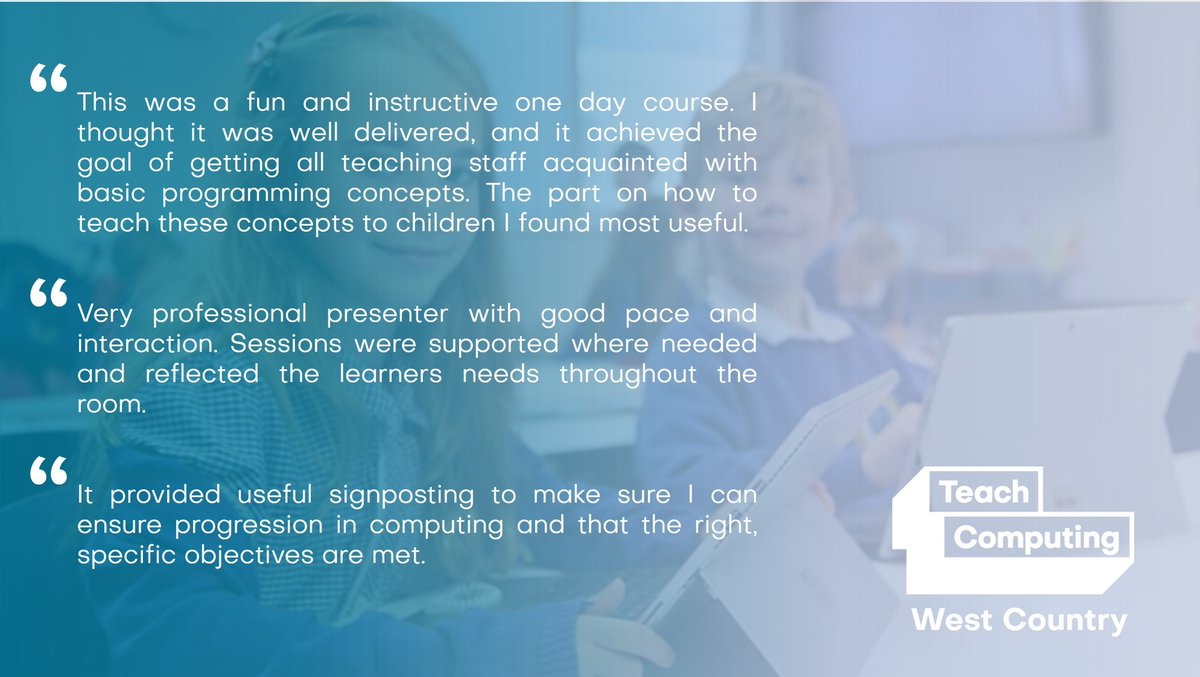TeachCompDevDor's tweet photo. GREAT feedback from a recent @WeAreComputing #primary course

We're looking forward to delivering 3 primary courses this week at @WestclystCPS and @YVPSchool

Have you booked your place?

Visit: https://t.co/qwy3JbVdkR for all upcoming course dates!

#ComputingCPD #SouthWestCPD https://t.co/mV122DXsDV