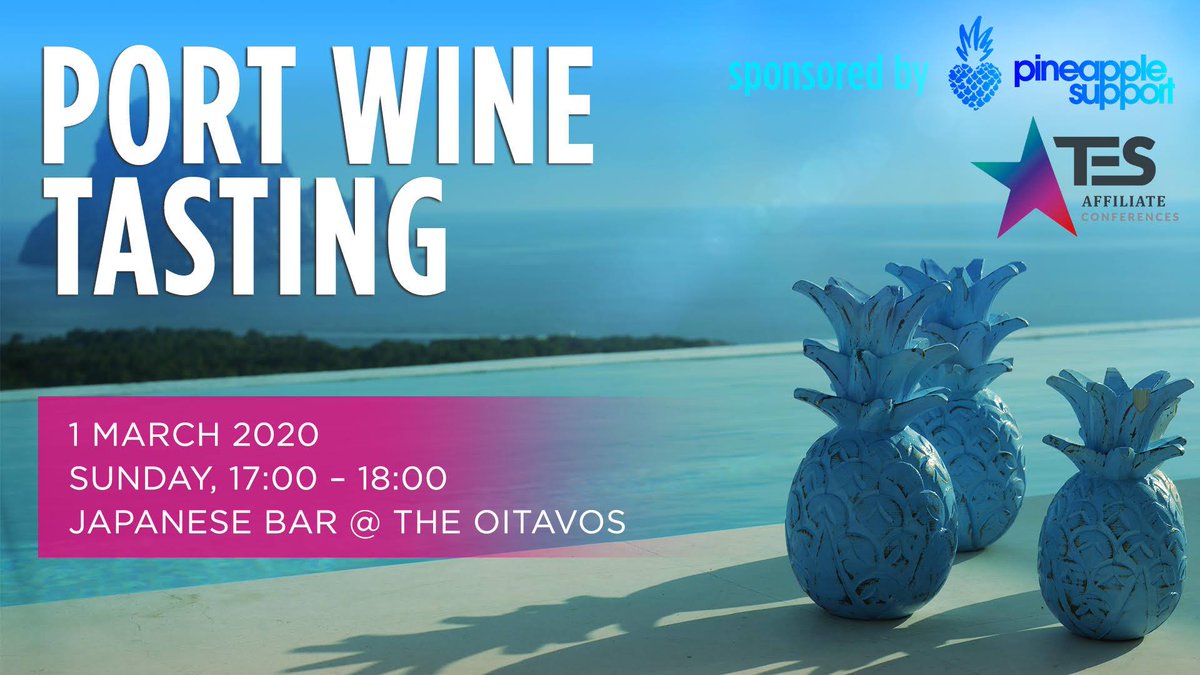 PineappleYSW's tweet photo. What better way to compliment some tapas by having some Port on us!
Head down to the Pineapple Support Port Wine Tasting at the Japanese Bar
Sunday, March 1 2020 from 17:00-17:30
#TES #TES2020 #TESaffiliateconference #theeurosummit #TESTalks #TESLive #TESLisbon https://t.co/rRnyZoSl4x