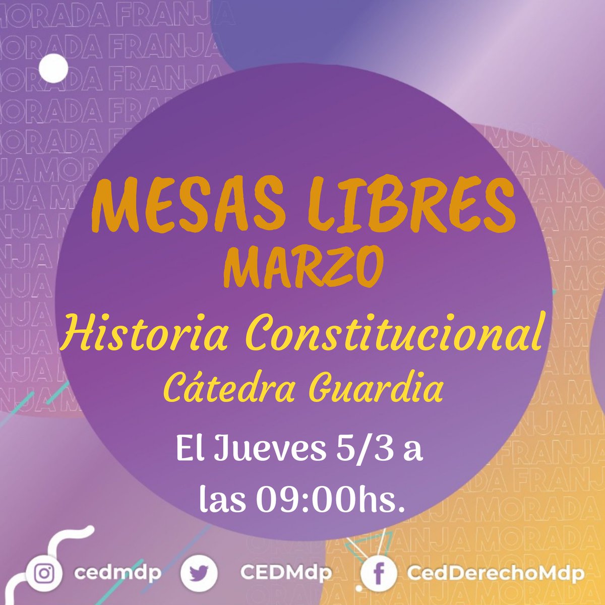 CEDMdp's tweet photo. #MESASLIBRES⚠️
Les recordamos que las siguientes mesas tuvieron modificación:
➡️HISTORIA (cátedra Guardia) será el Jueves 5/3 a las 09:00hs.
➡️LABORAL/DERECHO DEL TRABAJO será el Jueves 5/3 a las 15:00hs.
➡️ SEGURIDAD SOCIAL será el Jueves 5/3 a las 15hs.
¡Muchos éxitos! 🍀🍀 https://t.co/XA1c6qIS2O
