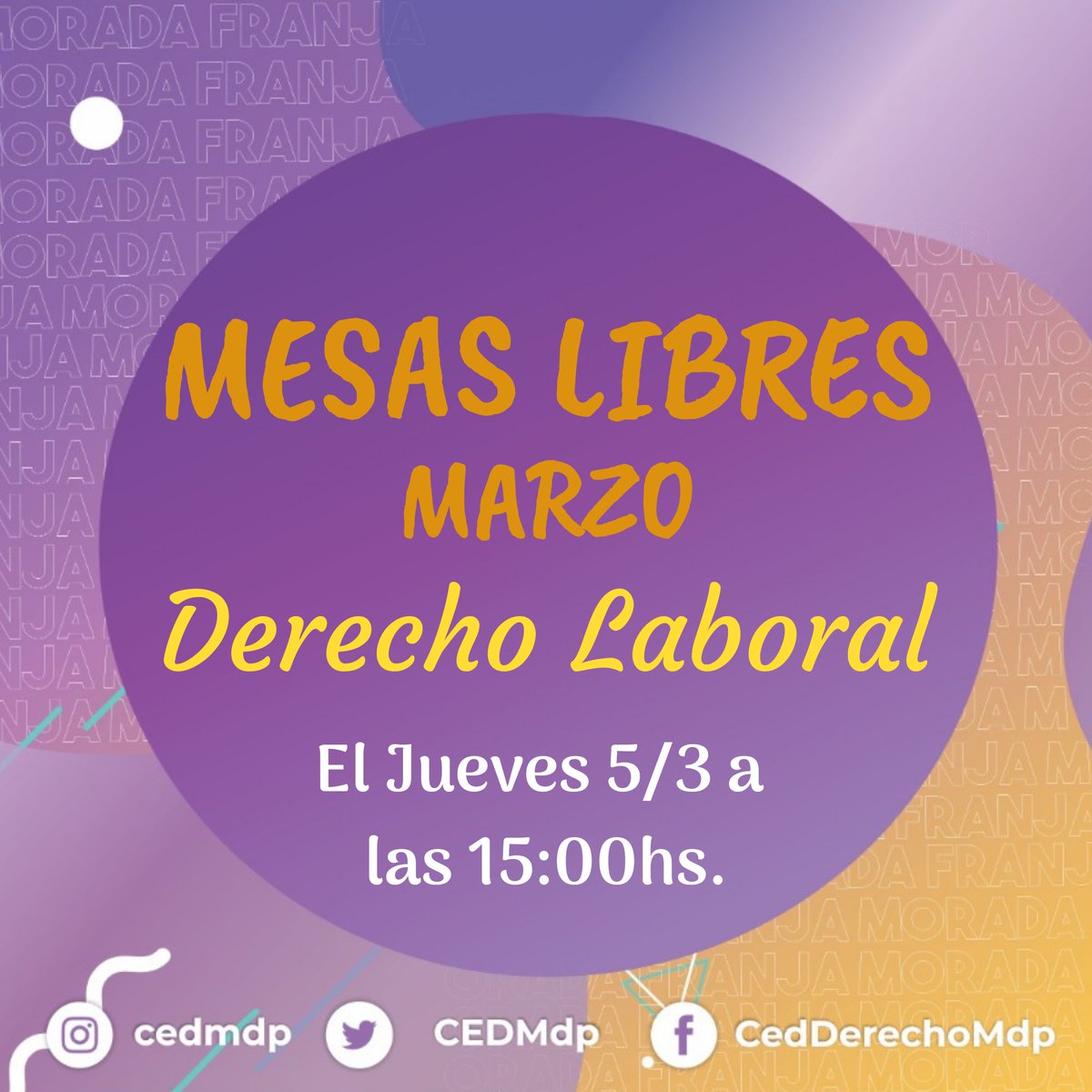 CEDMdp's tweet photo. #MESASLIBRES⚠️
Les recordamos que las siguientes mesas tuvieron modificación:
➡️HISTORIA (cátedra Guardia) será el Jueves 5/3 a las 09:00hs.
➡️LABORAL/DERECHO DEL TRABAJO será el Jueves 5/3 a las 15:00hs.
➡️ SEGURIDAD SOCIAL será el Jueves 5/3 a las 15hs.
¡Muchos éxitos! 🍀🍀 https://t.co/XA1c6qIS2O