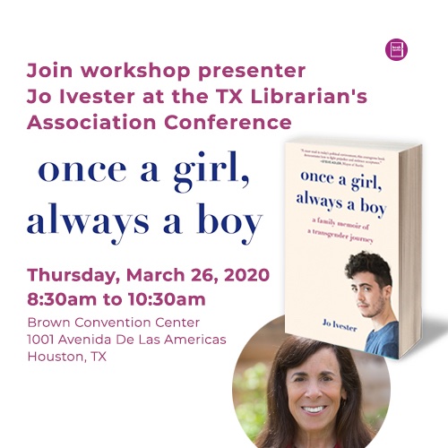Jo Ivester (@joivester) on Twitter photo To my friends in Houston - I'll be speaking at the Texas Library Association Conference on 3/26/2020. <a href="/TXLA/">Texas Library Assn.</a> <a href="/BookSparks/">BookSparks</a> <a href="/EqualityTexas/">Equality Texas</a> <a href="/TransEquality/">Advocates for Trans Equality</a> <a href="/HRC/">HRC</a> To my friends in Houston - I'll be speaking at the Texas Library Association Conference on 3/26/2020. <a href="/TXLA/">Texas Library Assn.</a> <a href="/BookSparks/">BookSparks</a> <a href="/EqualityTexas/">Equality Texas</a> <a href="/TransEquality/">Advocates for Trans Equality</a> <a href="/HRC/">HRC</a>
