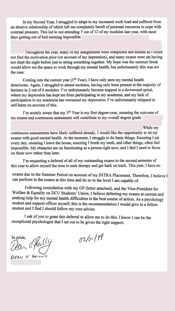 DeanWelfareDCU's tweet photo. As difficult as it is for me to read this and to release it, I want to share the letter I gave to DCU when seeking a deferral during one of the hardest moments of my life. I know there are people who have just done the same or are thinking of it. I see you. Let's help each other. https://t.co/Z1oo5wsArD
