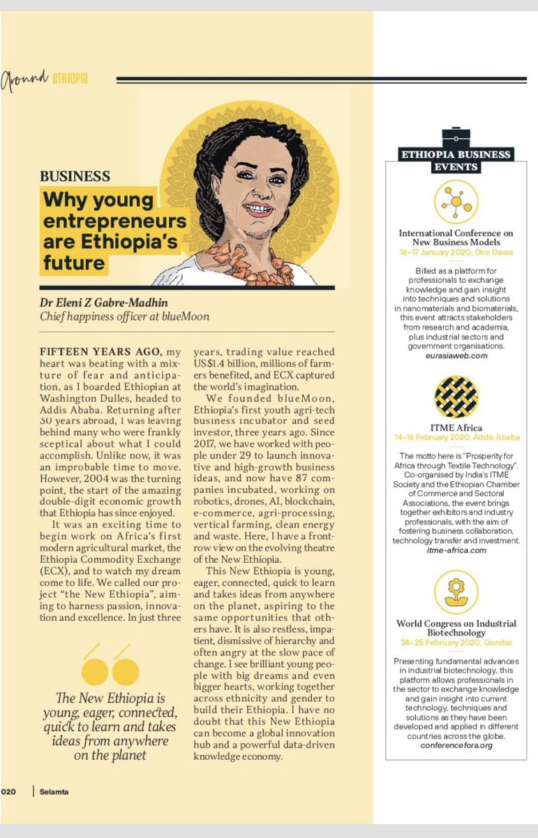 Eleni Gabre-Madhin (@elenigabre) on Twitter photo As February comes to a close, just want to say thank you <a href="/flyethiopian/">Ethiopian Airlines</a> for having me in your Jan-Feb issue of <a href="/SelamtaMagazine/">Selamta Magazine</a>. And nice adjustment to to the cover design! You listened! #theNewEthiopia #Ethiopia #thefutureisnow As February comes to a close, just want to say thank you <a href="/flyethiopian/">Ethiopian Airlines</a> for having me in your Jan-Feb issue of <a href="/SelamtaMagazine/">Selamta Magazine</a>. And nice adjustment to to the cover design! You listened! #theNewEthiopia #Ethiopia #thefutureisnow