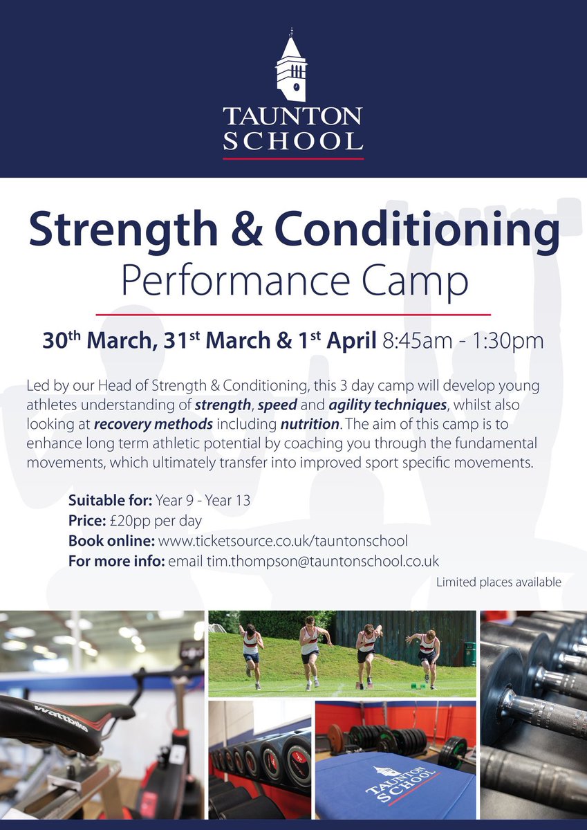 tauntonsports's tweet photo. We have a fantastic opportunity to develop your athletic performance. A 3️⃣ day Strength & Conditioning Performance camp over the Easter break focussing on strength, speed, agility & recovery. Limited spaces available. Book now https://t.co/xG2WNOvVIy #BeTheDifference #AthleticDev https://t.co/JZN5o8UtLI