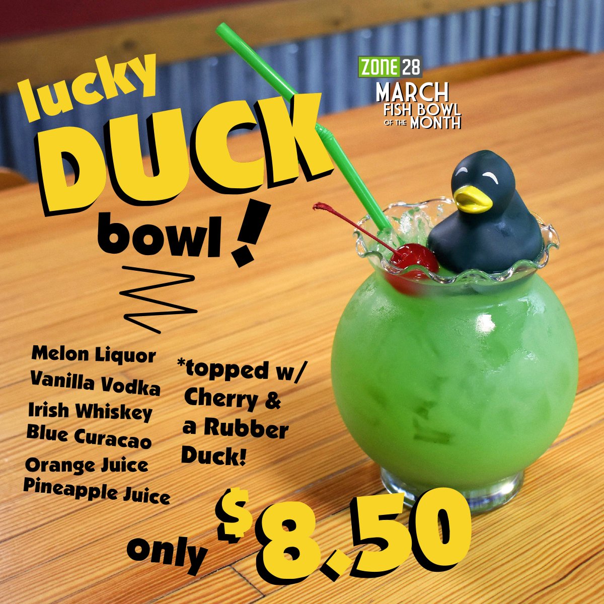 Zone28Complex's tweet photo. Feelin' lucky?☘️ We've got just the drink for you - the Lucky Duck Bowl! This spectacular concoction is created with melon liquor, vanilla vodka, Irish whiskey, blue curacao, orange juice, pineapple juice, then topped with a cherry and your very own lucky duck. https://t.co/gZah3WGA2j