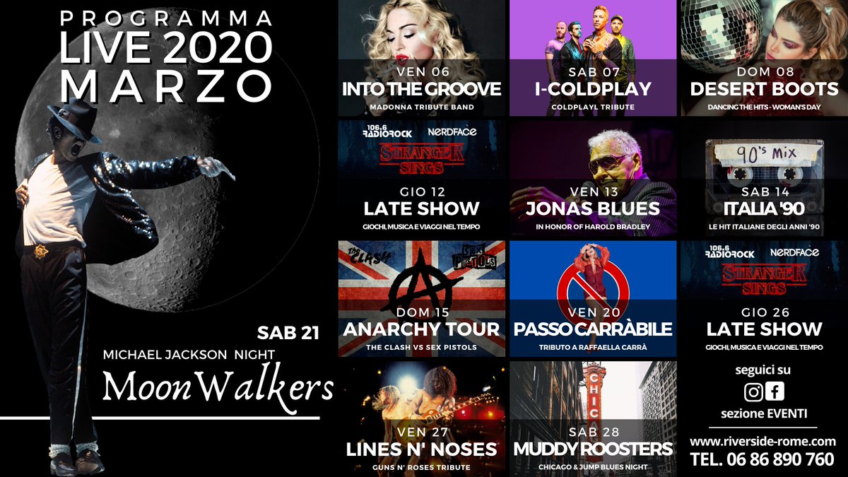 RiversideFSG's tweet photo. Marzo è #soundsgood al Riverside!
Dal pop di #Madonna al blues di Willie Dixon 
👉Scopri tutti i nostri eventi https://t.co/OfOKLlLuRh
Follow us on FB&amp;Instagram (@riverside_fsg)

#livemusic #roma #domenica #Musica #Coldplay #90s #gunsnroses #TheClash #Sexpistols #rock #punkrock https://t.co/rBIg8l7Yua