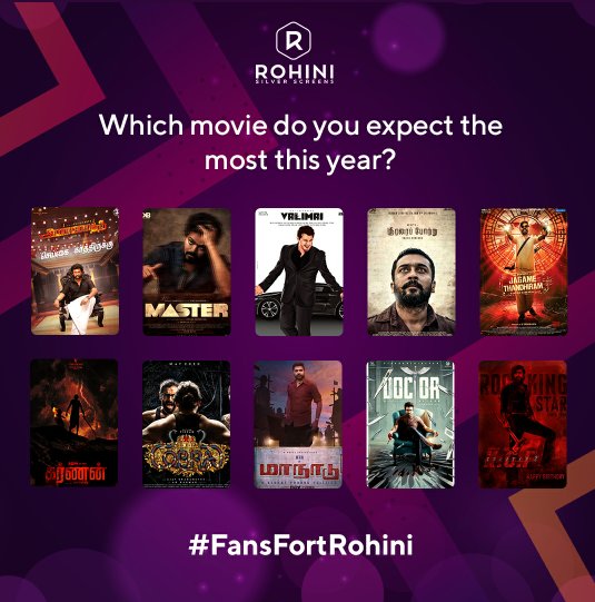 N26054788's tweet photo. Which movie do you expect the most this year? &amp; Which movie are you eagerly waiting for to celebrate at #FansFortRohini

#Annaatthe #Master #Valimai #SooraraiPottru #JagameThandhiram #Karnan #Cobra #Maanaadu #Doctor #kgfchapter2 https://t.co/Ng8HOjcjBp https://t.co/yx44teC0cF