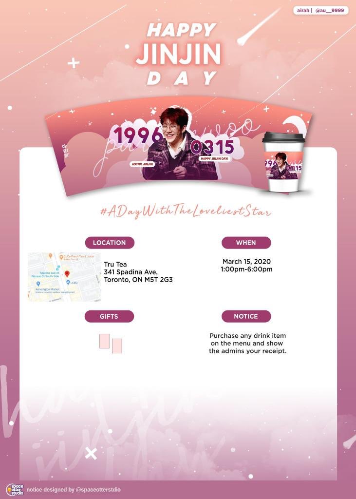 [✨PLS RT✨]

#ADayWithTheLoveliestStar in ＴＯＲＯＮＴＯ

♦︎ March 15th 1pm-6pm
♦︎ Tru Tea 341 Spadina Ave (Chinatown)

#HappyJINJINDay Toronto Cupsleeve Event with <a href="/au__9999/">AIRAH 💜✨️</a> 

#아스트로 #아로하 #ASTRO #AROHA #블루플레임 #ASTROinTORONTO #아스트로 #진진 #박진우