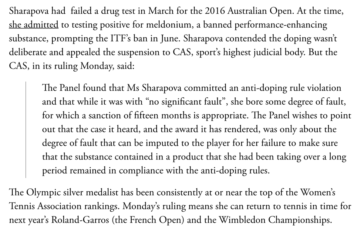 Meanwhile, Sharapova appealed and her sentence was reduced from 2 years to 15 months, allowing her to return in April 2017.