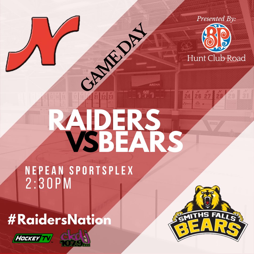 Nepeanraiders's tweet photo. The #Raiders hit the #Yzerman for the 2nd last time of the season today against the @SFBears 

⏰| 2:30PM
📺| @MyHockeyTV 
📻|@CKDJ1079 

#GameDays are brought to you by @BPHuntClub #GatherRound

#RaidersNation #NEPvsSF #CCHL #Nepean #NepeanSportsplex #SupportLocalHockey #Hockey https://t.co/S34zGpNqOk