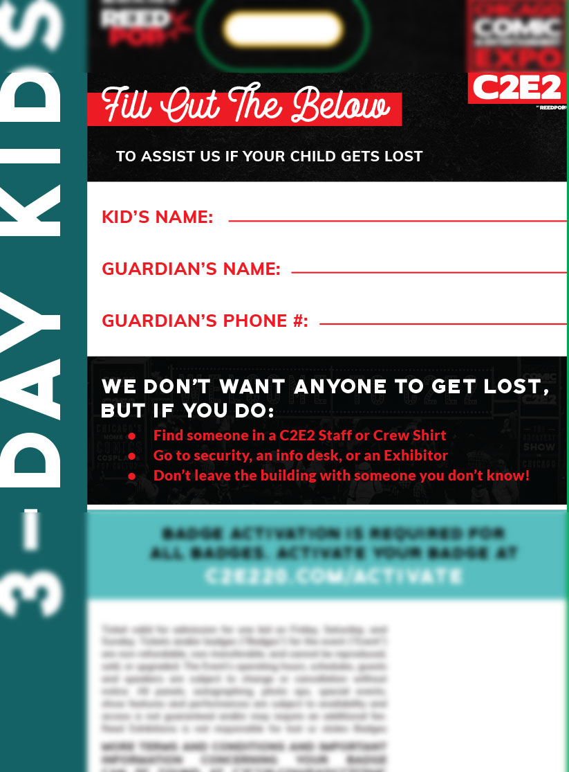 c2e2's tweet photo. Pro Tip for all parents/guardians: write your contact information on the back of the Kid’s Badge in the event one of you escapes! 

Also, make sure you pick a meeting point just in case — an info booth is always a good one #safetyfirst #THENfun https://t.co/4yDrs0caFy