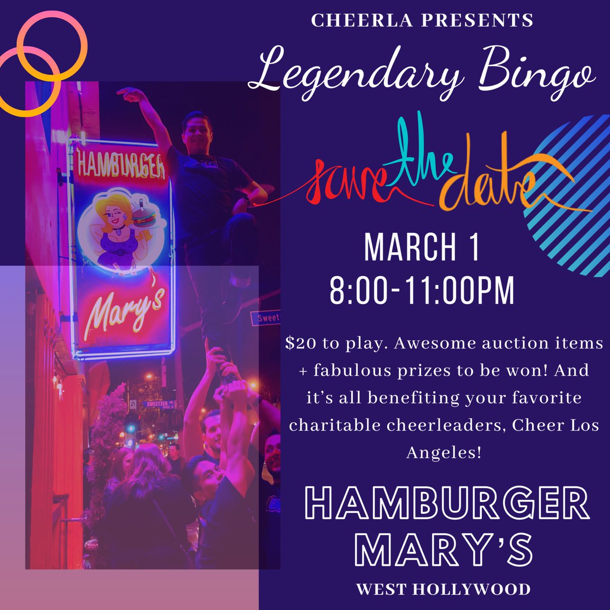CheerLosAngeles's tweet photo. TONIGHT! Come on out and join us for a fun night of Legendary Bingo! Celebrity Guests! Fabulous Prize Packages! And it’s all benefiting your favorite charitable cheerleaders, Cheer Los Angeles! Cost: $20 per person. #cheerla #cheerlosangeles #hamburgermarys https://t.co/f4buPLBPqL