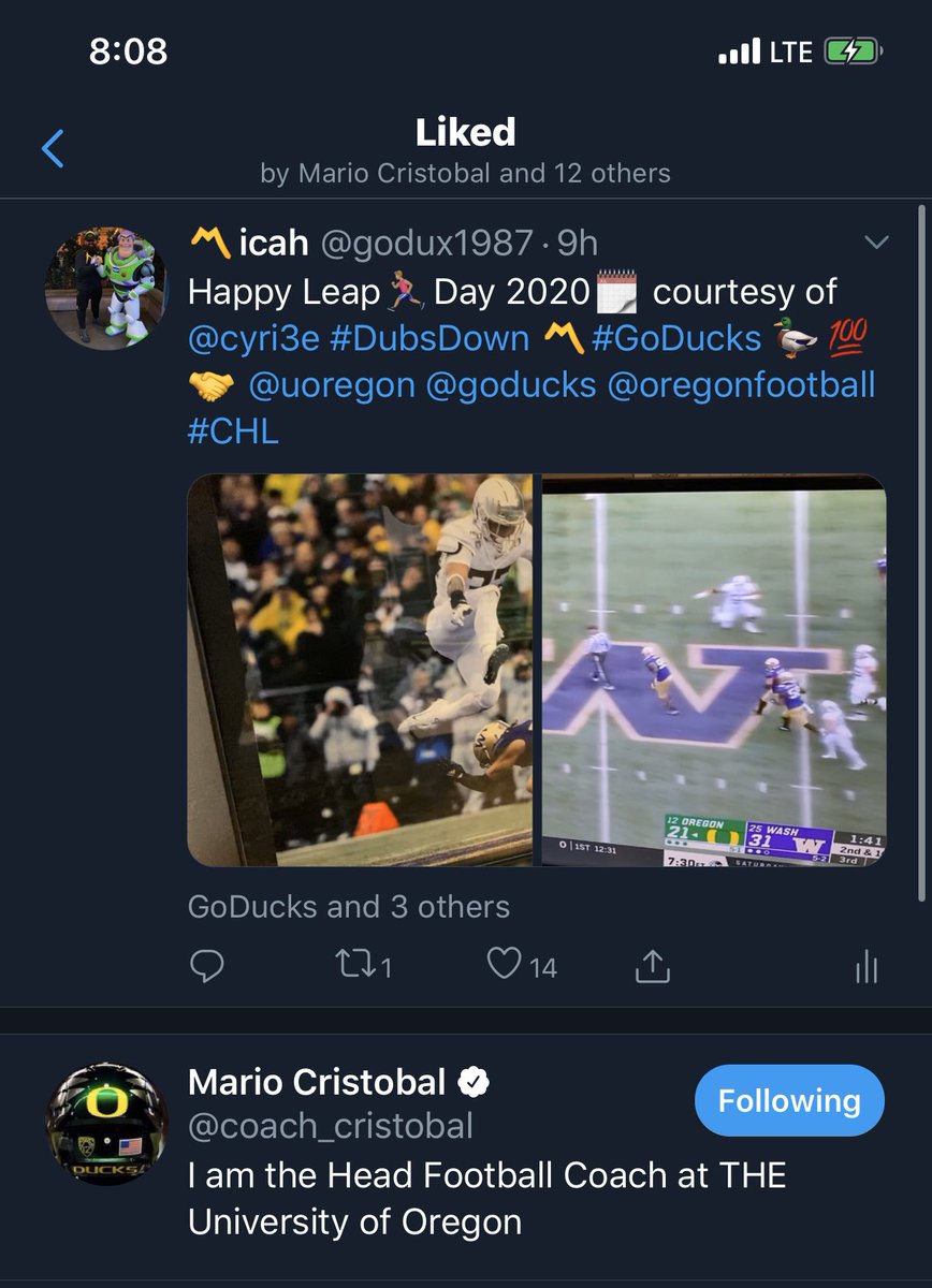 godux1987's tweet photo. @coach_cristobal likes the @cyri3e leap ππ½ββοΈday post.
Today is a good day π€π―π¦ #OregonIsFamily π¦#ThanksCoach #DubsDown γ½οΈ #GoDucks π¦βπ½ https://t.co/vY4g1kjAwH