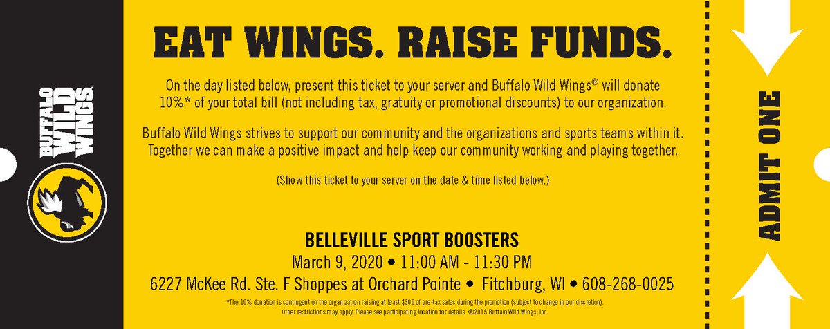 ECSDSup's tweet image. Looking for a night off from cooking? Join the Belleville Sports Boosters at B Dubs (in Fitchburg) on Monday, March 9.  Present your ticket (or mention the event) that day to your server, &amp;amp; 10% of your bill will be donated back. Sports Boosters appreciate your support! #Wildcaty
