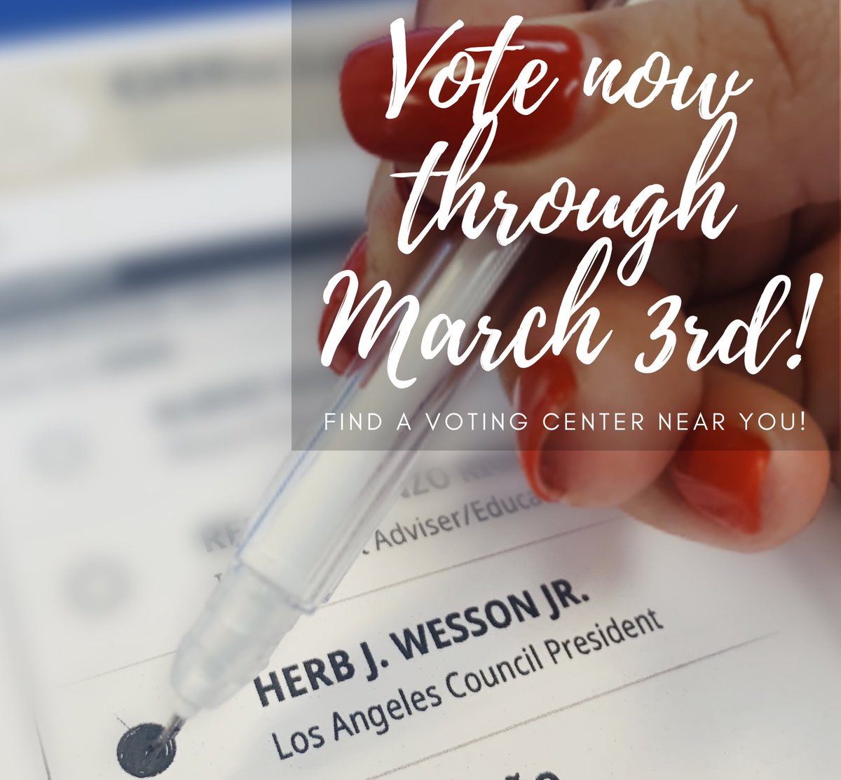 HerbJWesson's tweet photo. Don’t wait until March 3rd to cast your vote for #WessonforSupervisor! Find a voting center near you today 🗳 https://t.co/fHSkLKKAS0