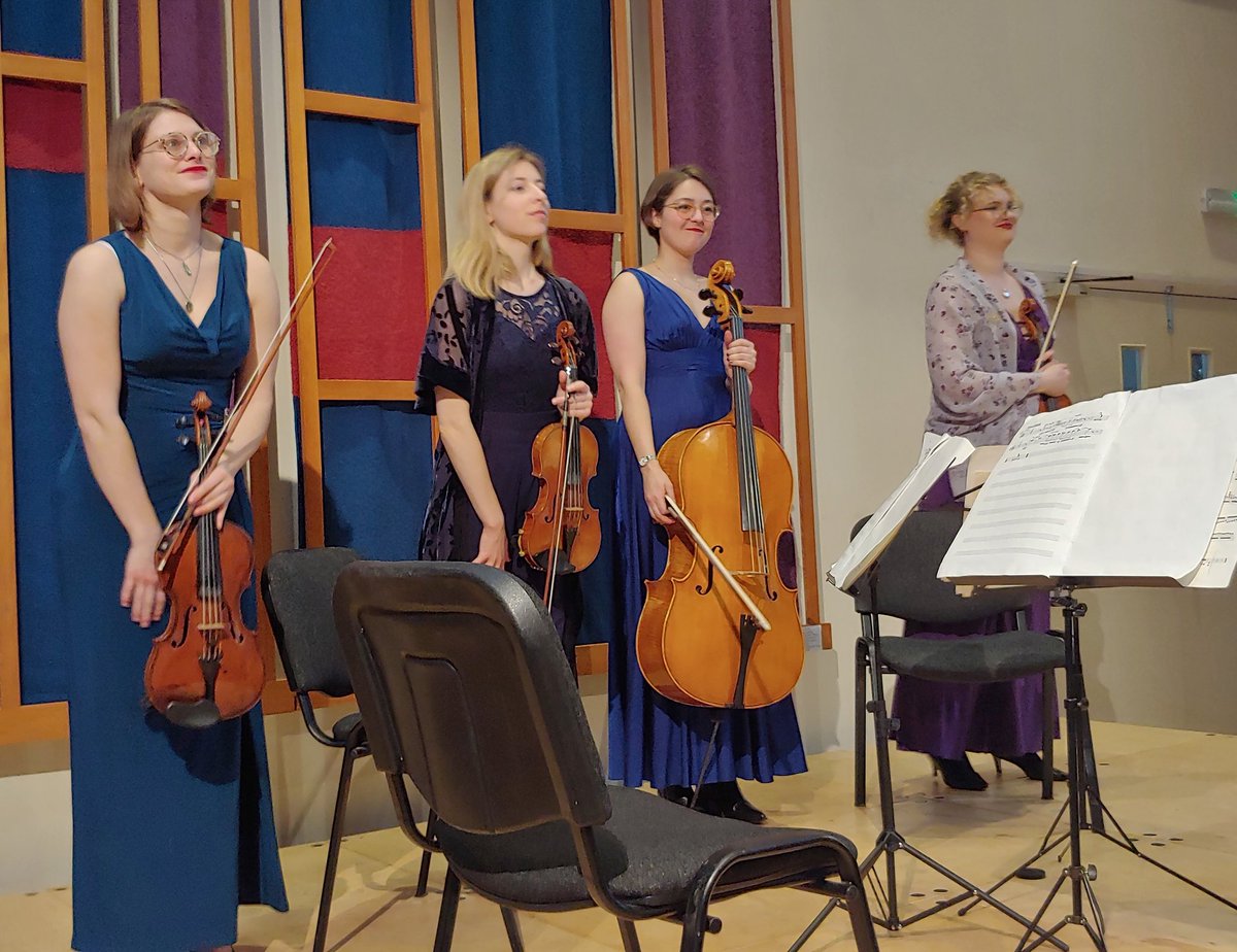 MaconchyQuartet's tweet photo. Blurry happiness - we had a fantastic time last week performing Maconchy, Lutyens, Britten, Morecroft, Haydn and Hensel! Thanks to everyone who came to hear us, now onwards to RETAKE! 😁

#maconchyquartet #strings #retakeconcerts https://t.co/d1C5zjbDiF