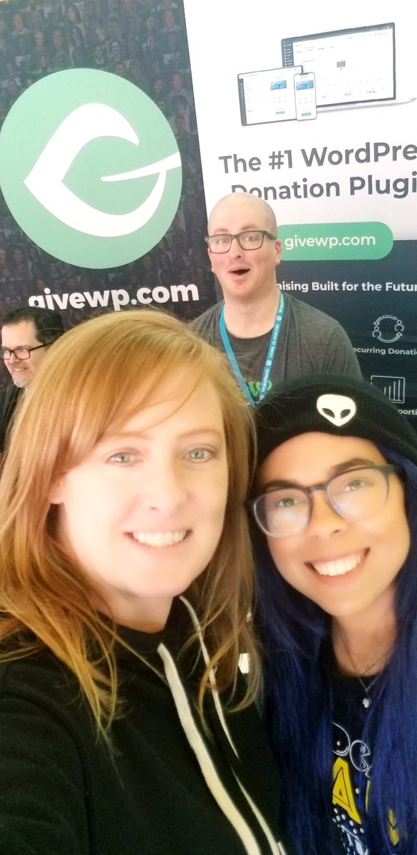 MichellePeone's tweet photo. It's not #WordCamp without a "friendie" aka selfie with @allie_nimmons and the @GiveWP team! #WCMIA #MakersOfTheWeb 😁📷 https://t.co/7ajZVuTrSY