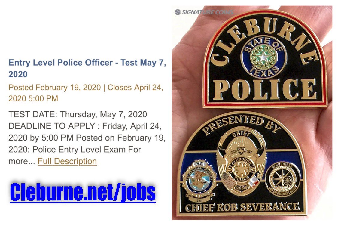 ChiefSeverance's tweet image. I’ll be giving away three Chief’s coins on Facebook, LinkedIn and Twitter (@ChiefSeverance) to spread the word about @CleburnePD’s May 7th Entry Level Police Officer Exam. Like and share this post for a chance to win. Drawing on April 24, 2020. Good luck!

#Police #ChallengeCoin