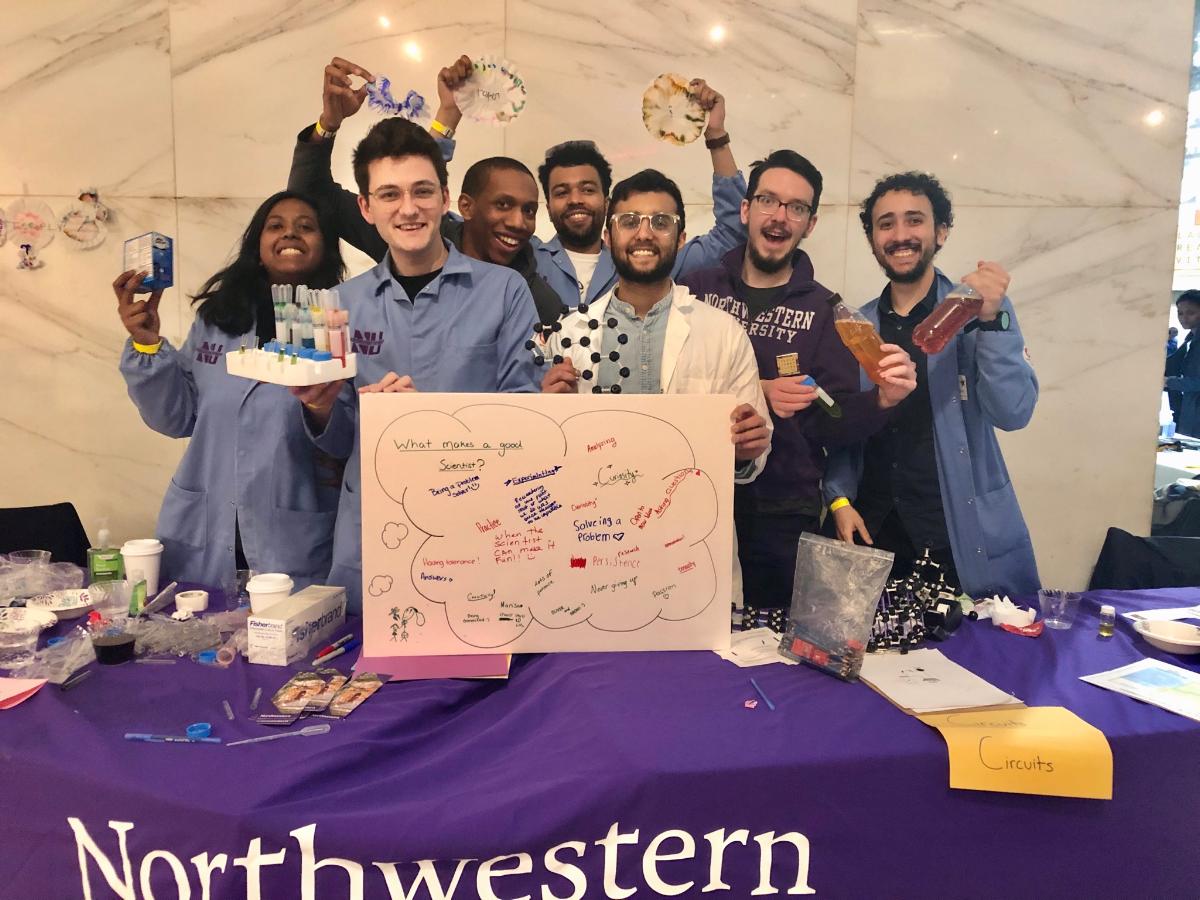 NUBonDChem's tweet photo. Some of our members (@n_dalchand, @0llieHayes Zak Urbach, and Nic Watkins) had a blast representing @NUChemistry with colorful science demos at @msichicago! #scienceeducation #chemistry https://t.co/Ktym84nWhL