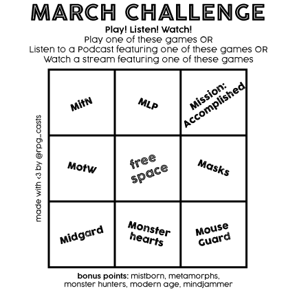 rpg_casts's tweet photo. Are you ready #TTRPG #Podcast twitter? It's March, and I'm issuing you a challenge. Watch, listen, or play and see if you can get a BINGO! Bonus imaginary points if you can fill the card. Need help finding a show featuring one of these game? @ me and I'll help! #RPGs #RPGCasts https://t.co/L1ORpH4KPW