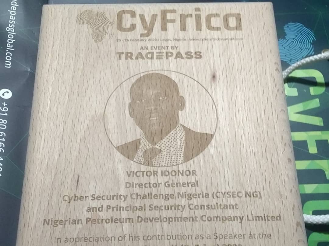 VictorPIdonor's tweet photo. #GuestSpeaker Presentation I made at the just concluded CYBER AFRICA SUMMIT (CyFrica 2020)
25 - 26 FEB, 2020 | LAGOS | NIGERIA

Special thanks to @Tradepassglobal for giving me the the platform to share my thoughts and the show of appreciation.

#CyberSecurity #cybercrime https://t.co/1QGbMGNhBZ