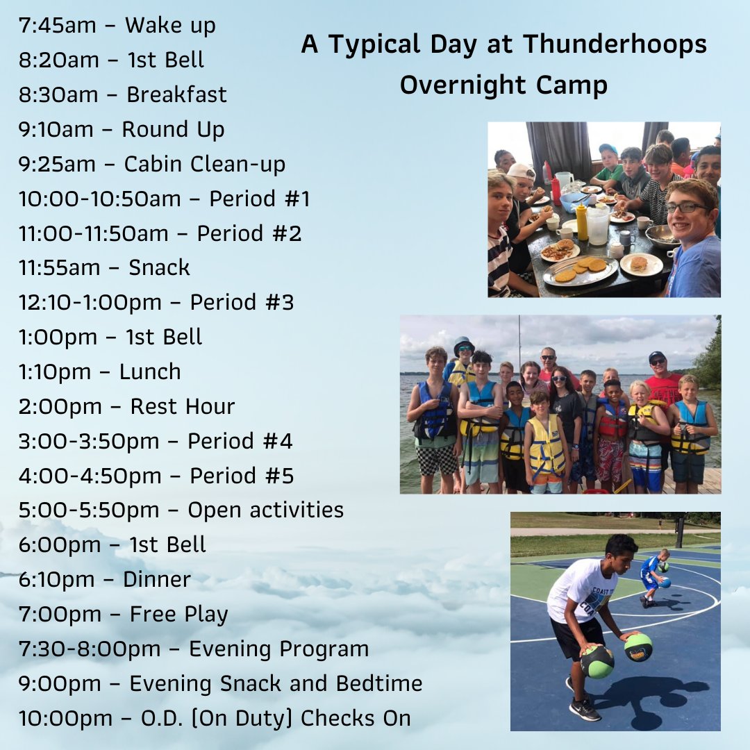 ThunderhoopCamp's tweet photo. Wondering what happens at overnight camp? Check out the schedule! Lots of basketball, team building and opportunities to try something new like tubing or zip-lining! #Thunderhoops uses the facilities of @campwahanowin check them out to see all of the activities they have to offer https://t.co/kA6C31GMVQ