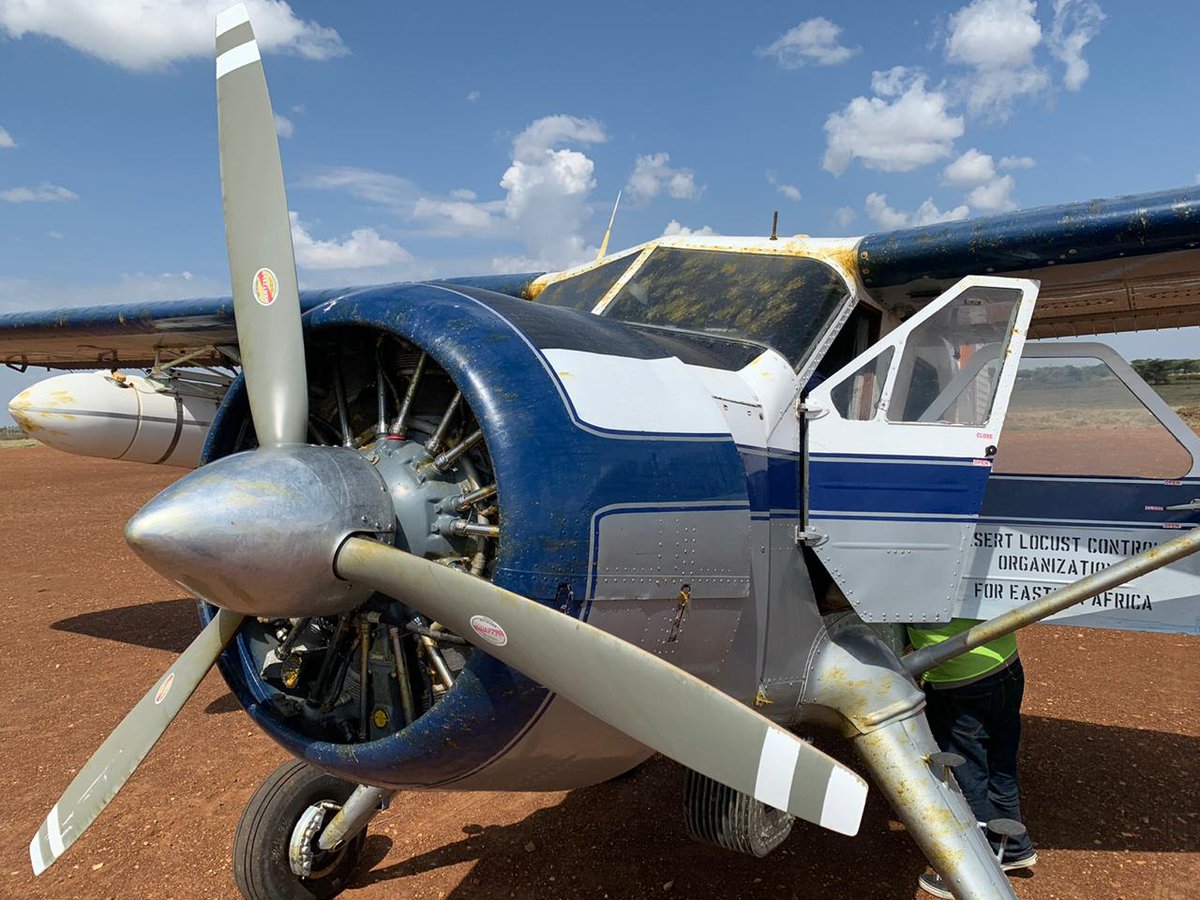 MAAIF_Uganda's tweet photo. Desert Locust Control Update: The second aircraft, as highlighted in the Public Advisories and Press Releases has been flagged off by Hon. Henry Aggrey Bagiire the Minister of State for Agriculture and has started spraying today. More updates to follow here. #LocustFreeUG https://t.co/Ka3TQbv9Qj