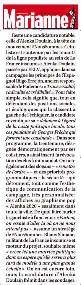 AlenkaDoulain's tweet photo. Merci à @MarianneleMag de rendre fidèlement compte de notre campagne et de nos influences espagnoles.

Radicalité, transversalité et crédibilité forment en effet les trois piliers du projet de changement de @NousSommesMtp. https://t.co/ChKmetPOlS